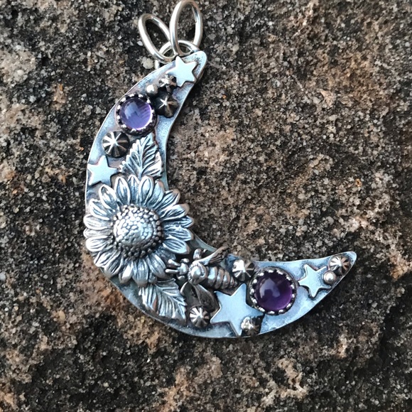 ❌SOLD❌Sunflower Moon Stars Pendant Amethyst Stones - Picture 2 of 7